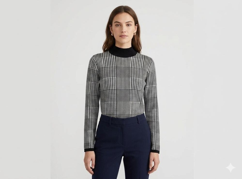 Tahari Houndstooth Check Mock Neck Sweater L Black White Knit Officecore Work